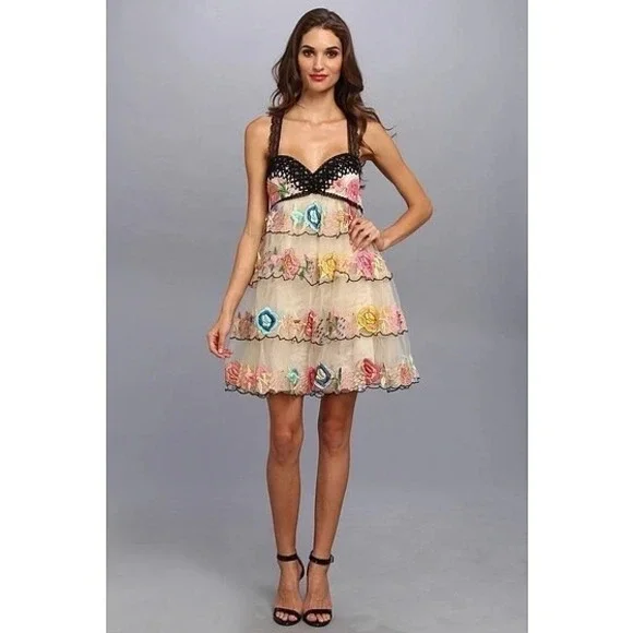 FREE PEOPLE RAMBLING ROSE DRESS EMBROIDERED ROSES IVORY TULLE SIZE 8 $350 - Picture 2 of 8